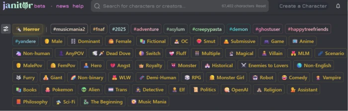 JanitorAI all categories browse showing breadth of community-generated content categories across anime gaming original fiction historical figures roleplay scenarios with safe-for-work and mature content tag visibility for character library navigation