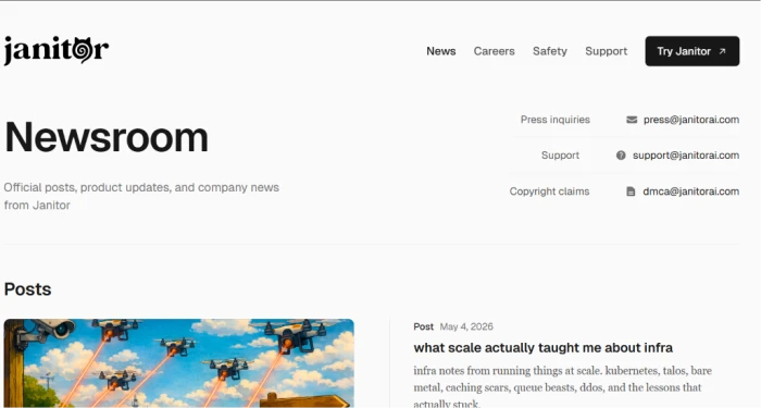 JanitorAI newsroom page documenting platform updates feature release history announcement archive and recent changes log for the AI character chat platform development timeline