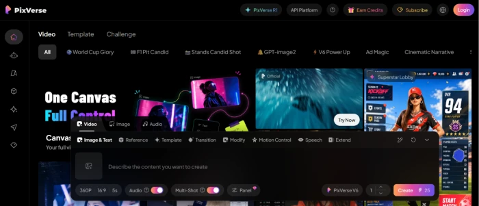 Pixverse AI homepage showing multi-modal AI media generation platform with text-to-image image-to-video voice generation and template library workflow value proposition and feature navigation