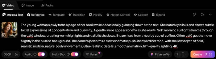 Pixverse AI image-to-video generation prompt with detailed motion direction camera movement depth of field lighting specifications and cinematic 4K animation parameters for video generation