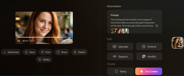 Pixverse AI generated video result showing animated young woman reading character with cinematic camera movement realistic motion and shareable video output URL for direct social sharing