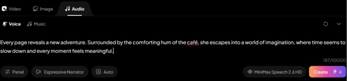 Pixverse AI voice generator prompt input with narrative text about café reading scene for AI voice synthesis and audio generation workflow