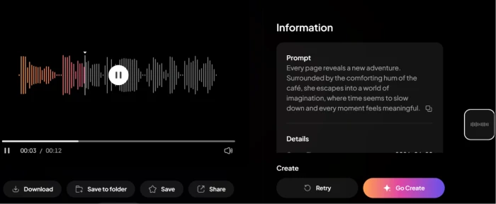 Pixverse AI generated voice audio output with playback controls and shareable audio URL for AI voice synthesis result with narration quality output