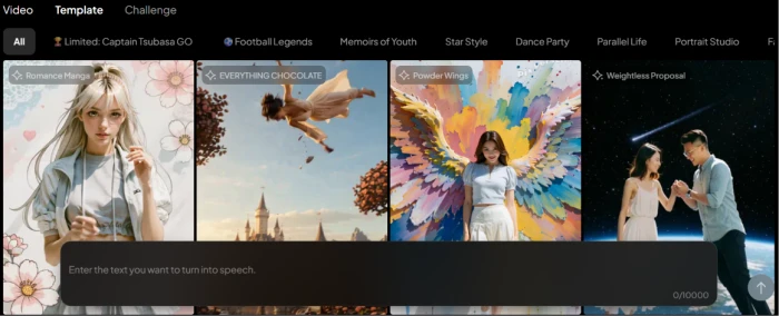 Pixverse AI templates library showing pre-built prompt templates and creative workflows across image video and voice generation categories with one-click application