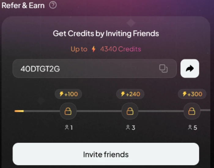 Pixverse AI refer and earn rewards page with invitation system free credit accumulation referral tracking and new user signup bonus credits for both referrer and referred user
