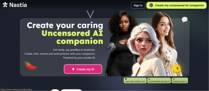 Nastia.ai homepage showing AI companion platform value proposition with companion creation customizable personalities chat workflow and premium membership pricing entry point
