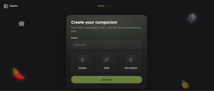 Nastia.ai post-login companion creation dashboard with personality customization backstory configuration character building fields and companion profile setup workflow controls
