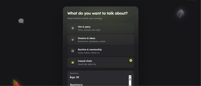 Nastia.ai backstory entry page where user got stuck with no forward navigation option visible after entering companion backstory text indicating UX failure in companion creation flow