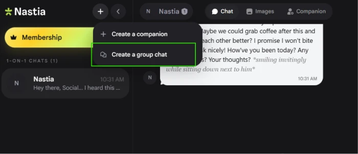 Nastia.ai chat interface with create group chat option visible as button for multi-companion conversation setup before paywall redirect to membership page