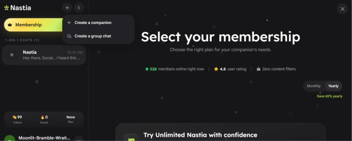 Nastia.ai premium membership paywall page appearing immediately after attempting to create group chat showing subscription tiers and premium feature access requirements with conversion-focused layout
