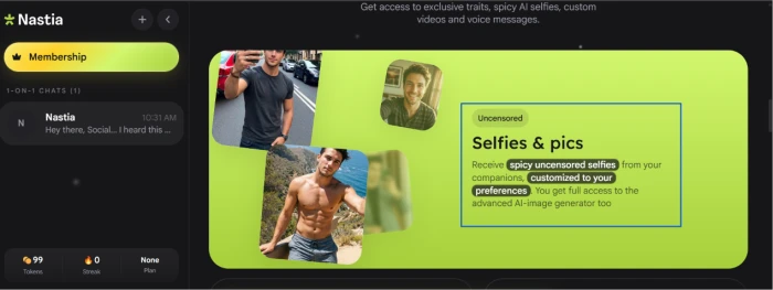 Nastia.ai premium feature listing showing uncensored image generation capability marketed as paid membership benefit on subscription tier with explicit content positioning