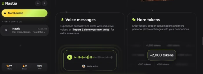 Nastia.ai premium feature listing showing voice message generation capability marketed as paid membership benefit on subscription tier with audio synthesis functionality