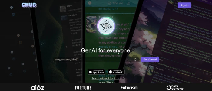 Chub.ai homepage showing AI character chat platform with public library browsing image generation roleplay value proposition and free access entry without account signup requirement
