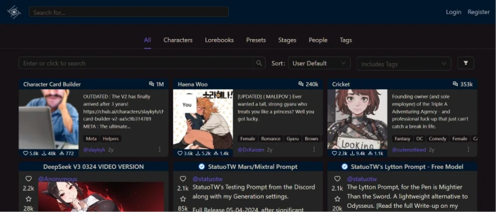 Chub.ai search dashboard with filters category browsing user-generated character library content type controls tag-based discovery sorting options and discovery surface for finding specific character types