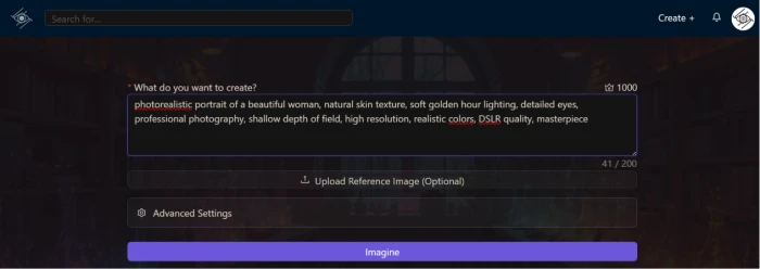 Chub.ai image generation dashboard with prompt input field photorealistic portrait specifications natural skin texture golden hour lighting professional photography and AI image creation workflow controls integrated within character platform