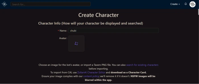 Chub.ai character creation dashboard with character building fields personality definition backstory configuration scenario context opening dialogue and customization controls for user-generated AI character authoring workflow