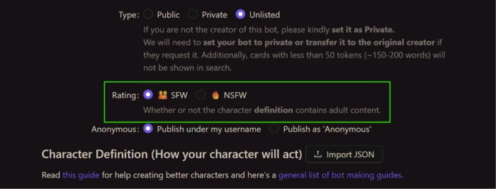 Chub.ai character creation showing SFW or NSFW content type toggle option for user-controlled mature content categorization during character authoring workflow with creator-driven content classification