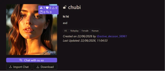 Chub.ai created character profile ready for chat with character details bio personality summary chat entry interface and character library publication options after creation completion workflow