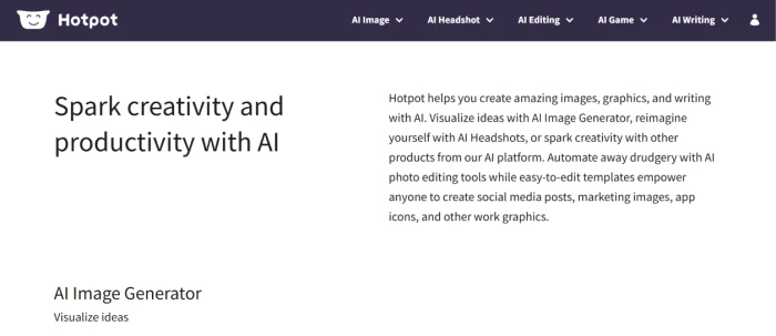 Hotpot.ai homepage showing AI design platform with logo maker AI art generator headshot generator image tools comprehensive AI design suite value proposition and tool catalogue entry