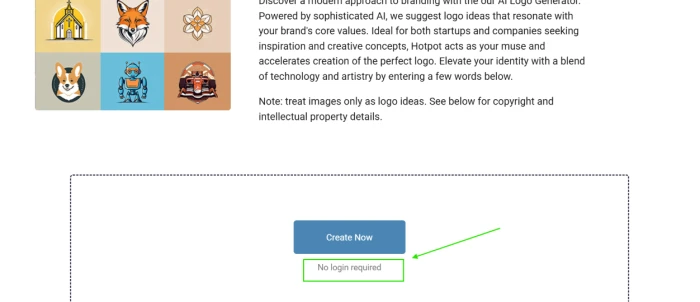 Hotpot.ai marketing positioning showing no login required to create messaging for free tool access without account signup requirement displayed on platform marketing page