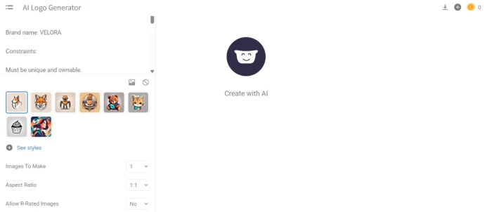 Hotpot.ai logo creation workflow with detailed brand identity prompt input for VELORA luxury brand with constraints and design specifications photographed during prompt entry phase before generation