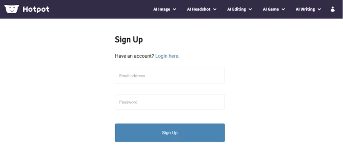 Hotpot.ai authentication interface showing only email and password sign-in options with no Google Apple or other third-party SSO authentication available limiting modern user authentication options
