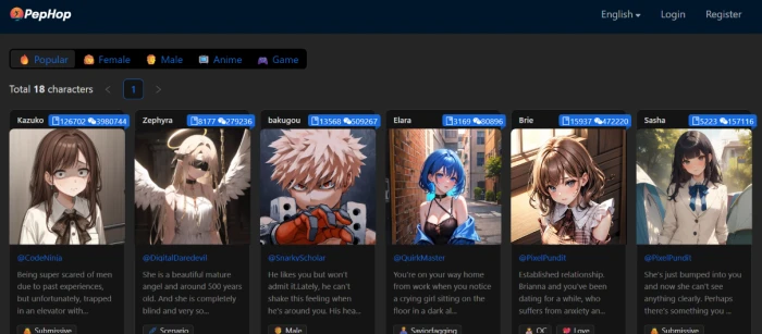Pephop.ai homepage showing AI character chat platform with public library browsing character discovery and roleplay value proposition with community-created character entries