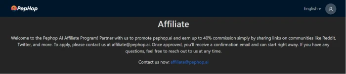 Pephop.ai affiliate program banner showing up to 40 percent commission user referral incentive structure for platform user acquisition through referral marketing