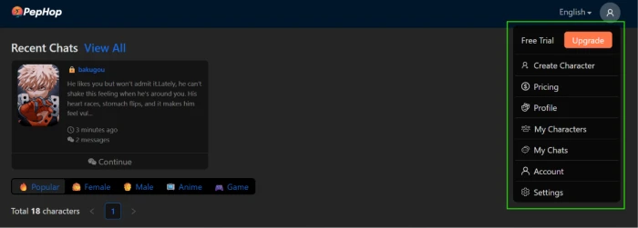 Pephop.ai profile dropdown menu showing create character my chats my character options hidden behind top-right profile icon discoverability issue for character authoring workflow