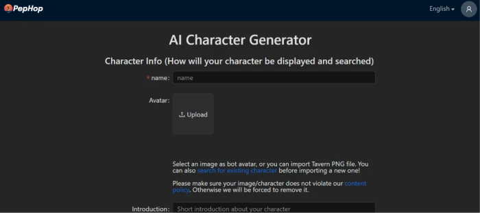 Pephop.ai character creation dashboard with character building fields personality definition appearance customization controls and backstory configuration for user-generated AI character authoring