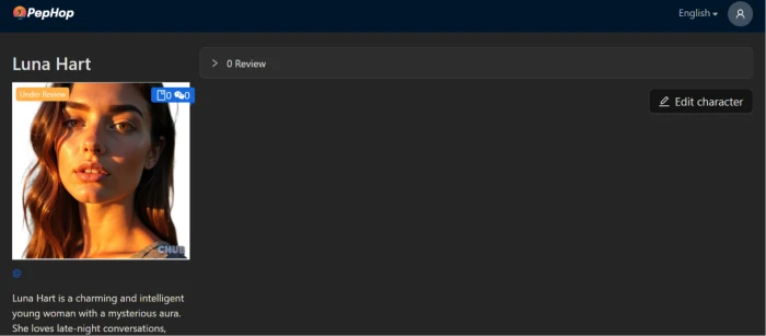 Pephop.ai created character profile ready for chat with character details bio personality summary and chat entry interface after creation completion workflow