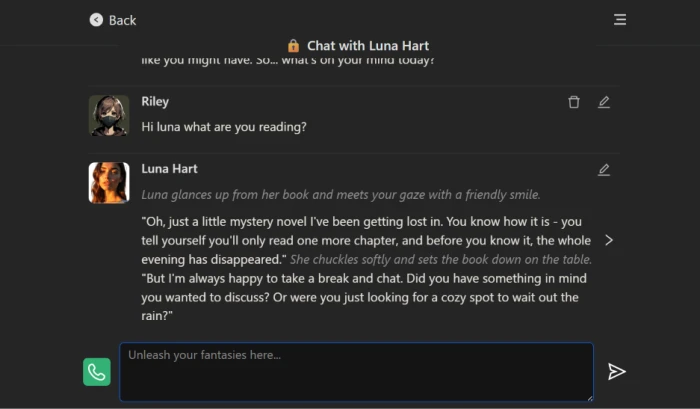 Pephop.ai chat interface with user-created character showing conversation panel functionality validation message exchange and end-to-end pipeline validation for character authoring workflow