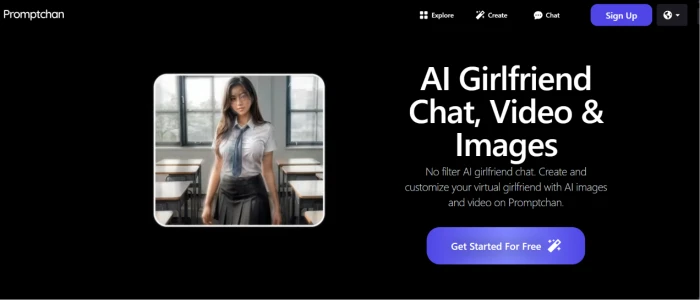 Promptchan AI image generation platform homepage showing character creation prompt-driven rendering public library and AI art creation value proposition with platform positioning and signup pathway