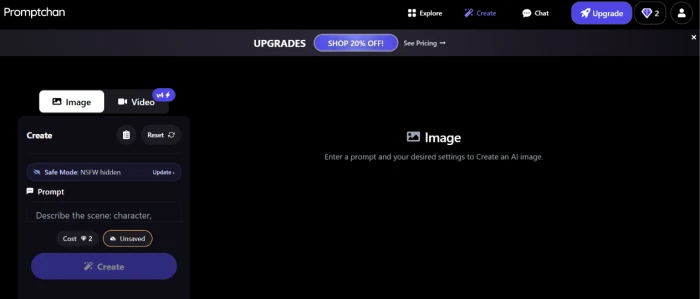 Promptchan character creation dashboard with prompt input field negative prompt field style selection and AI image generation workflow controls for character authoring with detailed parameter configuration
