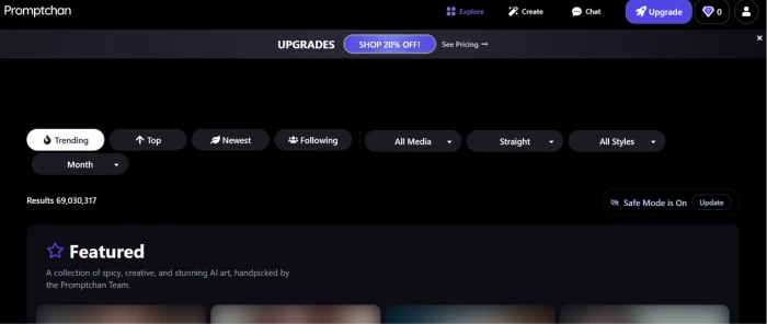 Promptchan post-login dashboard with tool catalogue access character creation entry points and AI image generation workflow shortcuts visible to authenticated users with gem balance display