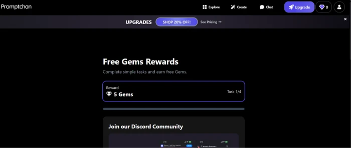 Promptchan daily tasks and free gem rewards interface showing gamified credit-earning system for sustained workflow without immediate subscription requirement consumer-favorable freemium economics