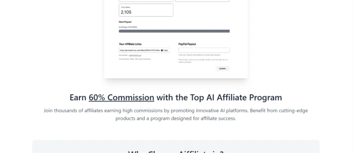 Promptchan AI affiliate program banner showing 60 percent commission user referral incentive structure for aggressive user-driven platform growth and monetization signal