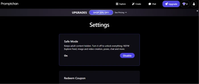 Promptchan safe mode toggle interface showing user-controlled content filtering for public library browsing with NSFW visibility control and SFW preference setting