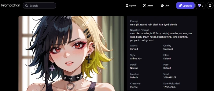 Promptchan public character library showing community-generated AI characters with browsing interface discovery surface and content type tagging visible to authenticated users