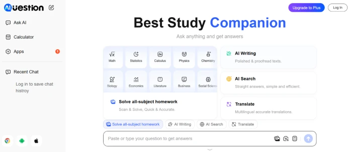 QuestionAI homepage showing AI study helper platform with multi-tool catalogue writing math solver search calculator translator value proposition and educational AI workflow positioning