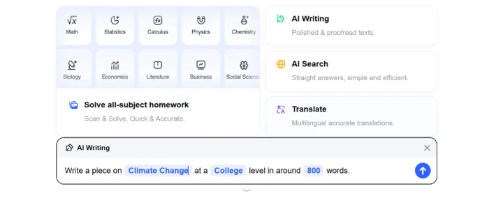 QuestionAI AI writing tool interface with prompt input field writing assistance generation workflow controls and topic specification for educational content creation