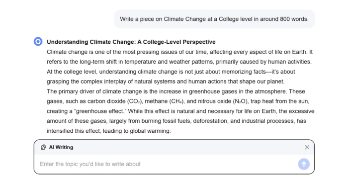 QuestionAI AI writing generated output showing essay or content text result from writing assistance workflow with structured paragraphs and topic-relevant content generation
