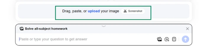 QuestionAI math solver interface showing image upload option and math problem input field for AI-powered mathematical solution with photo capture capability for textbook problems