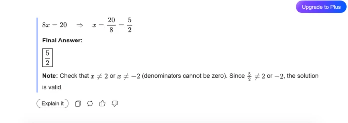 QuestionAI math solver final solution showing correct answer validation with step-by-step mathematical reasoning and end-to-end workflow validation from image input to solution output