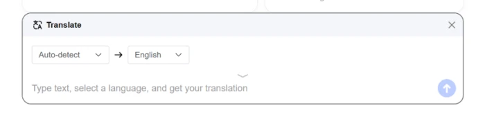 QuestionAI AI translator interface showing multi-language translation tool with source and target language selection for educational content language conversion