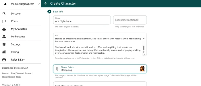 ChatFAI create character dashboard with fields for name, personality, backstory, and behaviour