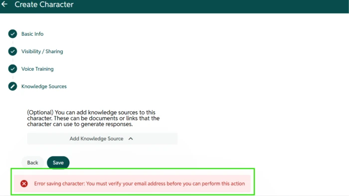ChatFAI blocking a character save and requiring email verification before the custom character can be saved