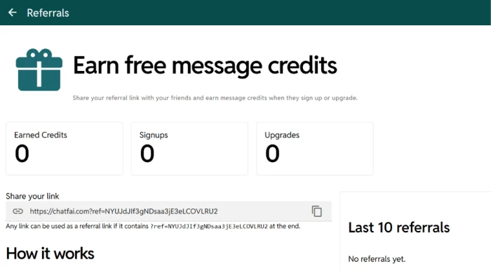 ChatFAI refer and earn dashboard with a referral link for inviting new users to earn rewards