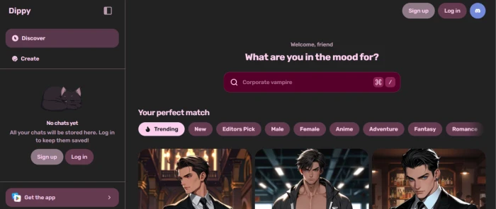 Dippy AI homepage showing the AI companion character library with explore categories for roleplay and companionship