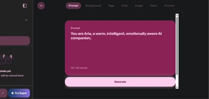 Dippy AI character creation dashboard with fields for defining a custom AI character
